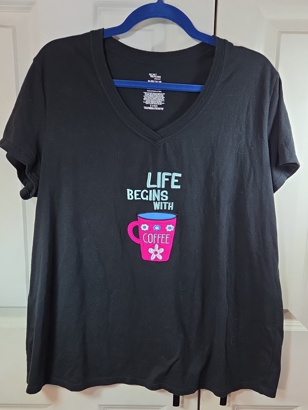 Secret Treasures Black V-Neck Tee with Pink Coffee Cup Graphic